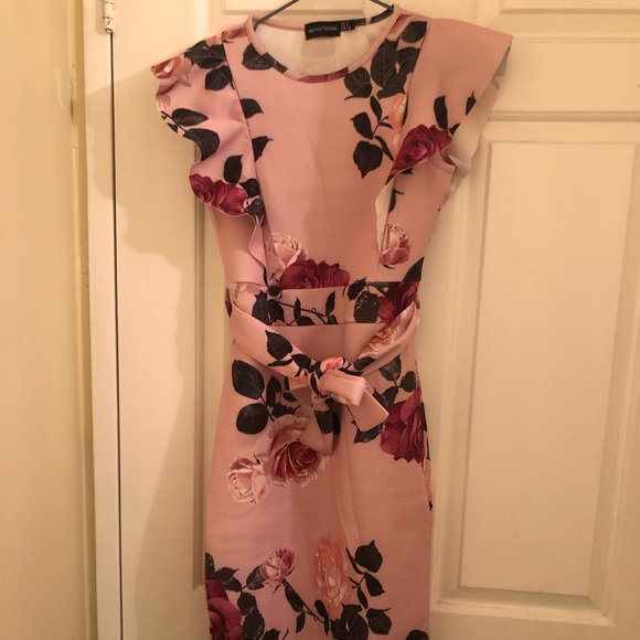 Dusty Pink Floral Print Frill Detail Midi Dress - Picture 3 of 3